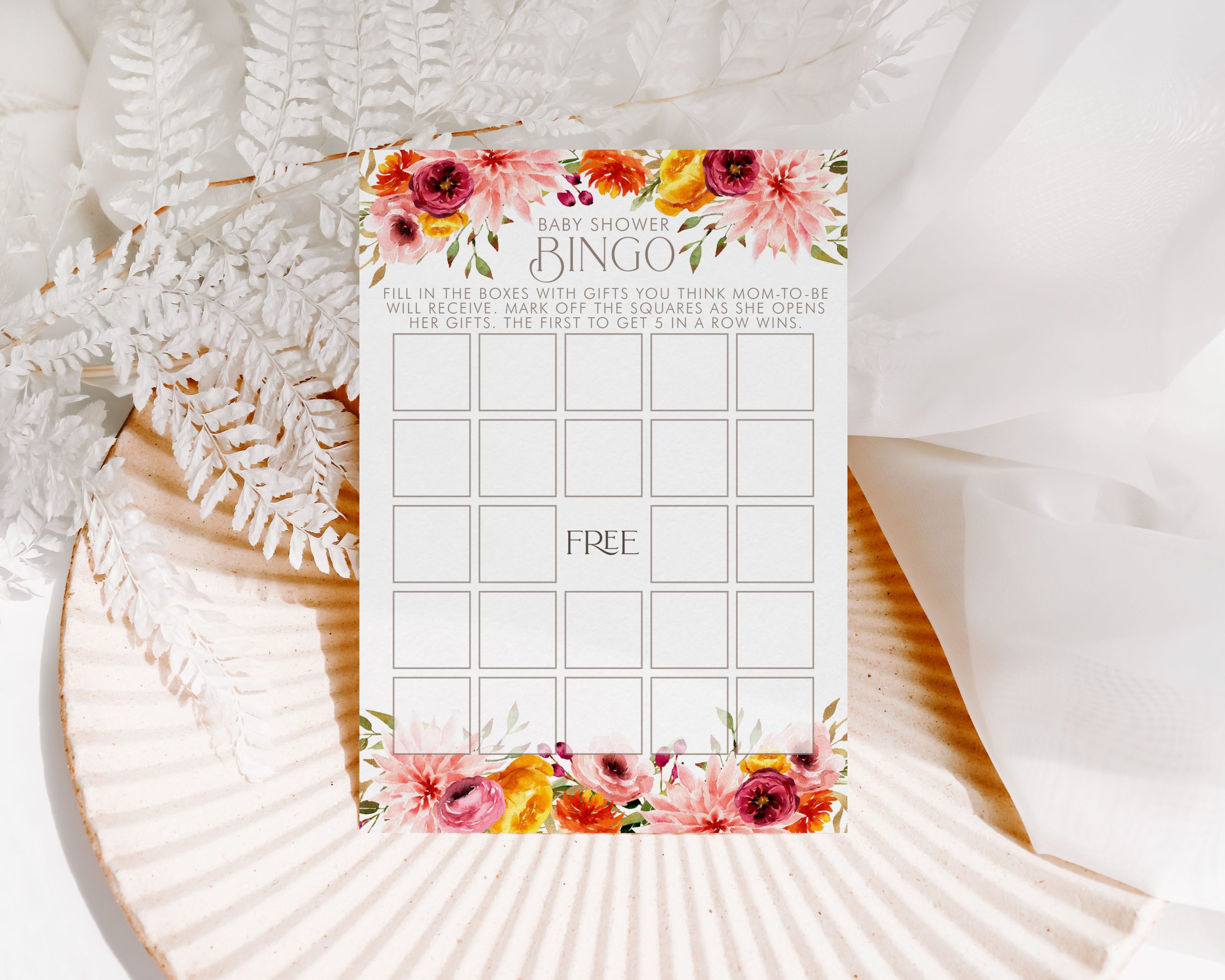 Printable Fall Floral Baby Shower Bingo Card - Anna & Ivey Design Co